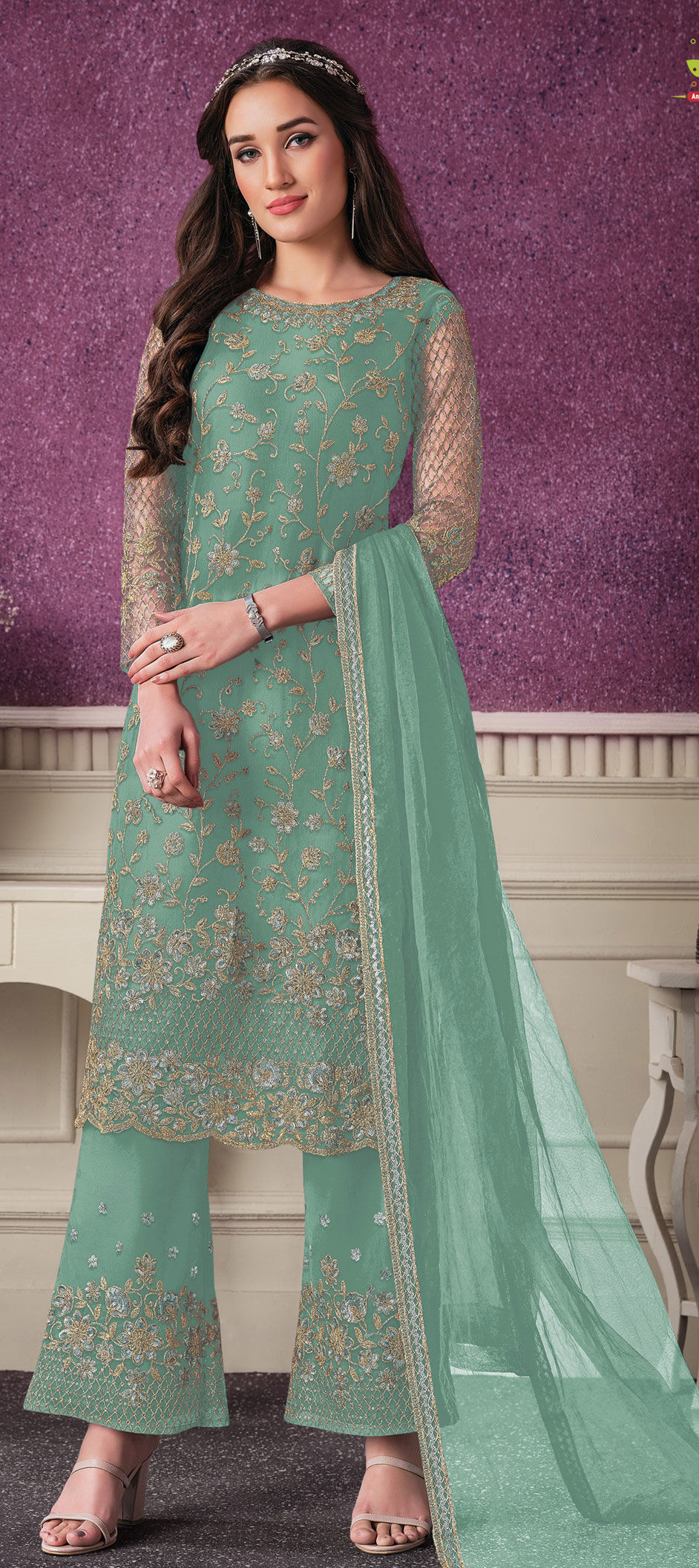 Party Wear Green Color Satin Silk Fabric Salwar Kameez 1771505 