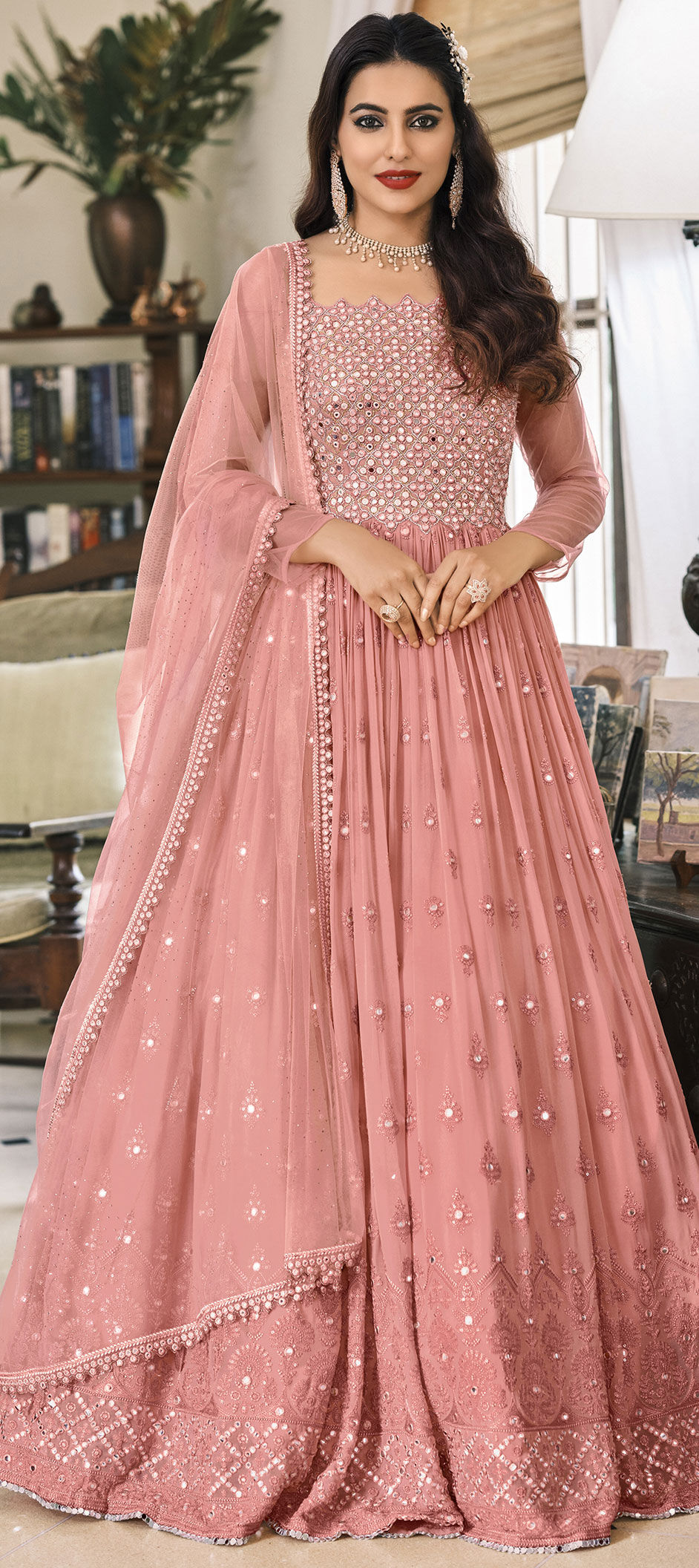 Women's Light Pink Color Georgette Embroidered Party Salwar Suit - Monjolika