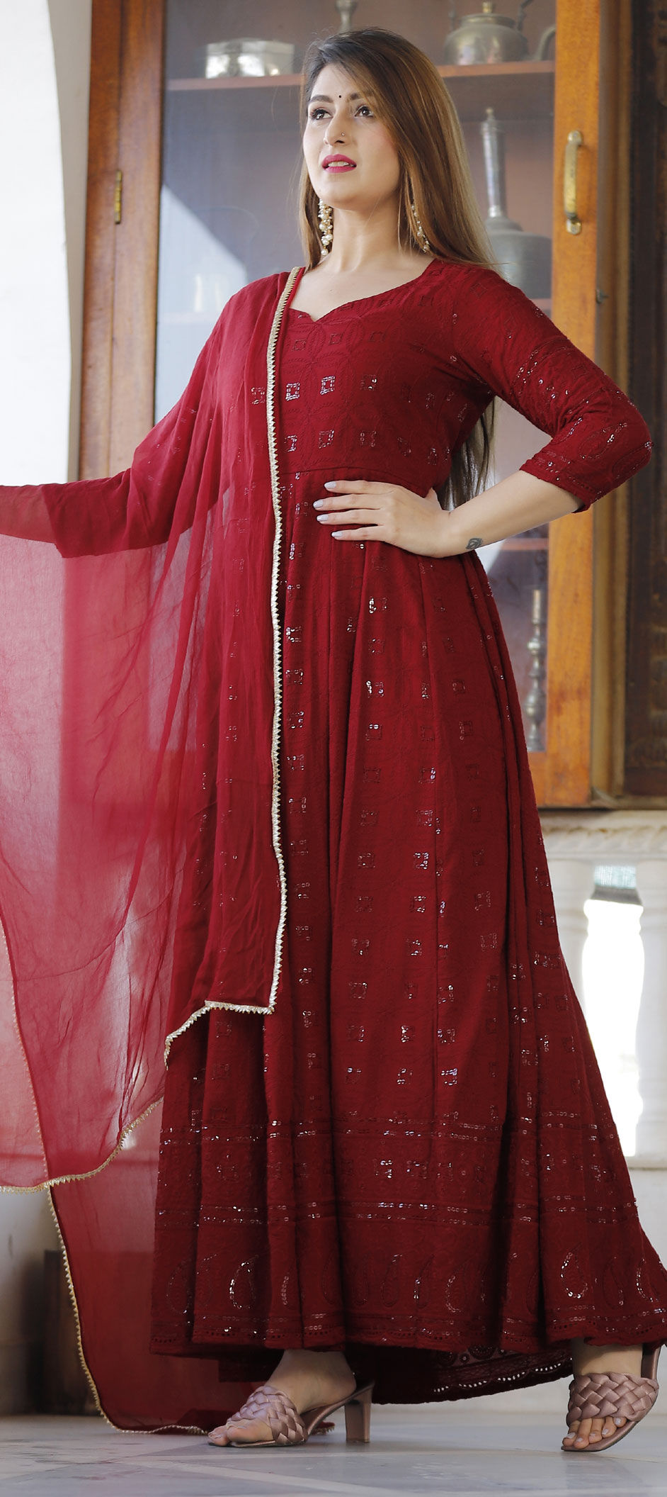 Festive, Party Wear Red and Maroon color Net fabric Salwar Kameez : 1858447