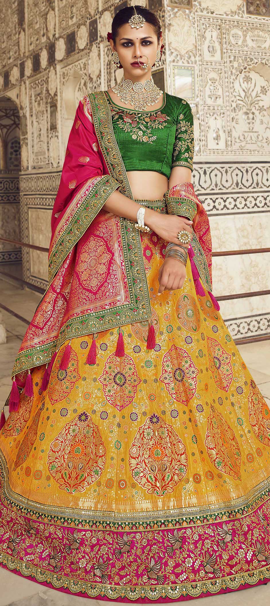 Red & Green Upada Silk Lehenga Choli – Aura by TEJAL