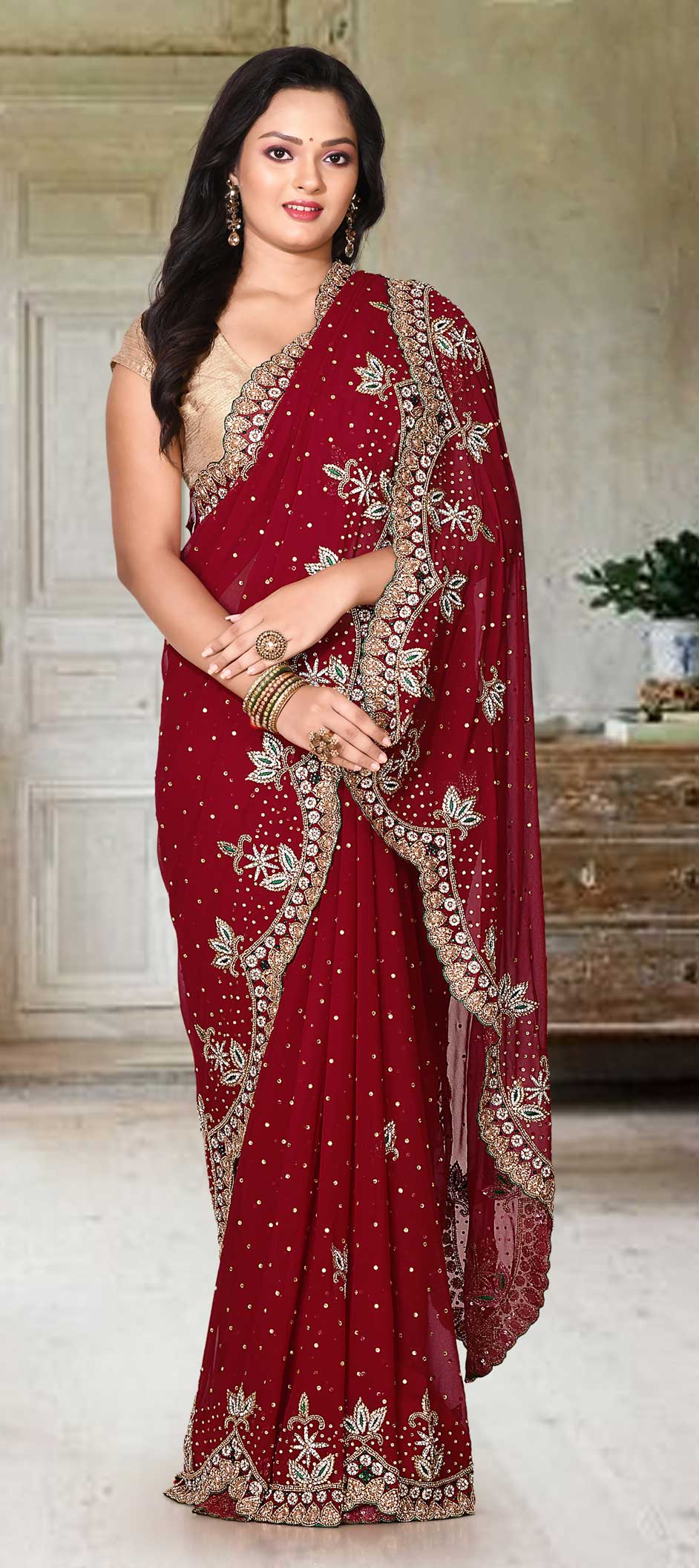 Maroon Velvet Zarina Saree – kreationbykj