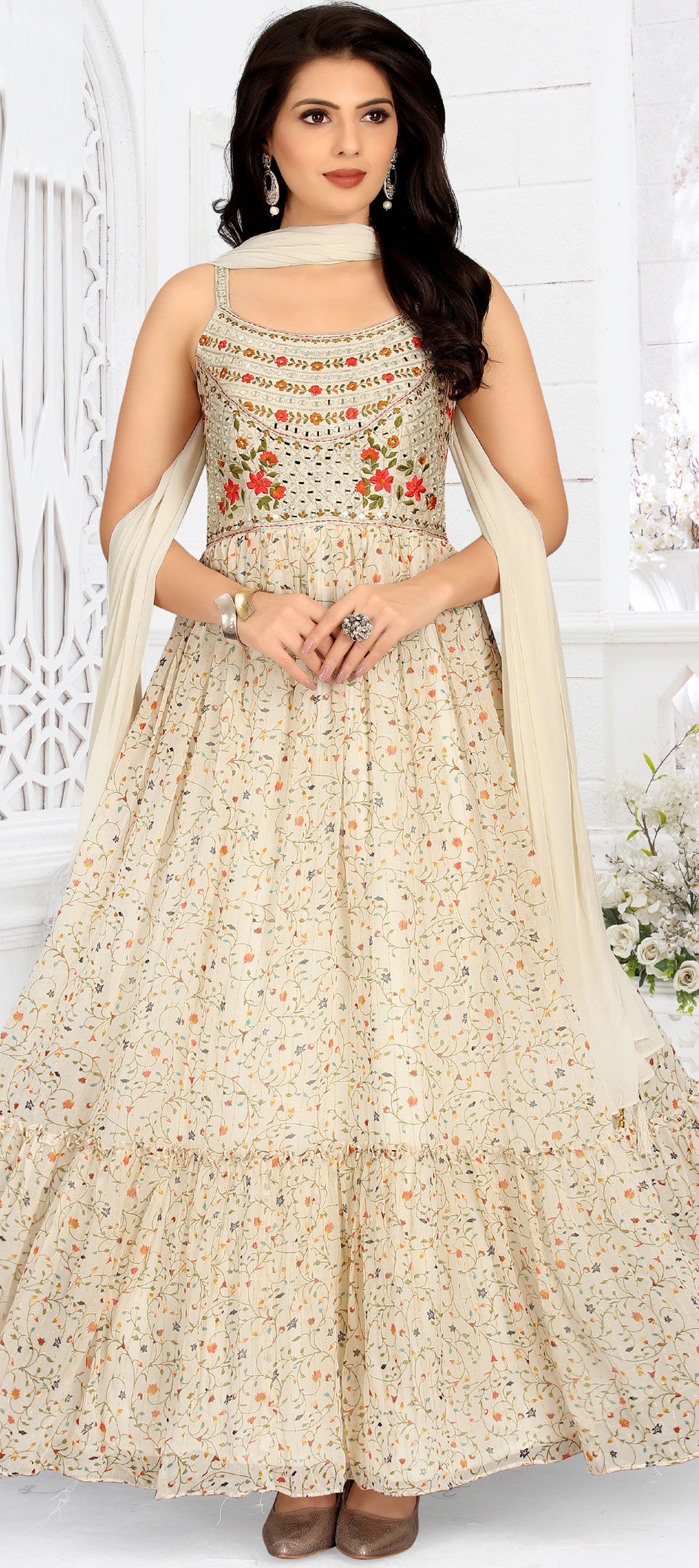 Attractive Beige Georgette Embroidered Wedding Festive Salwar Suit main image 1