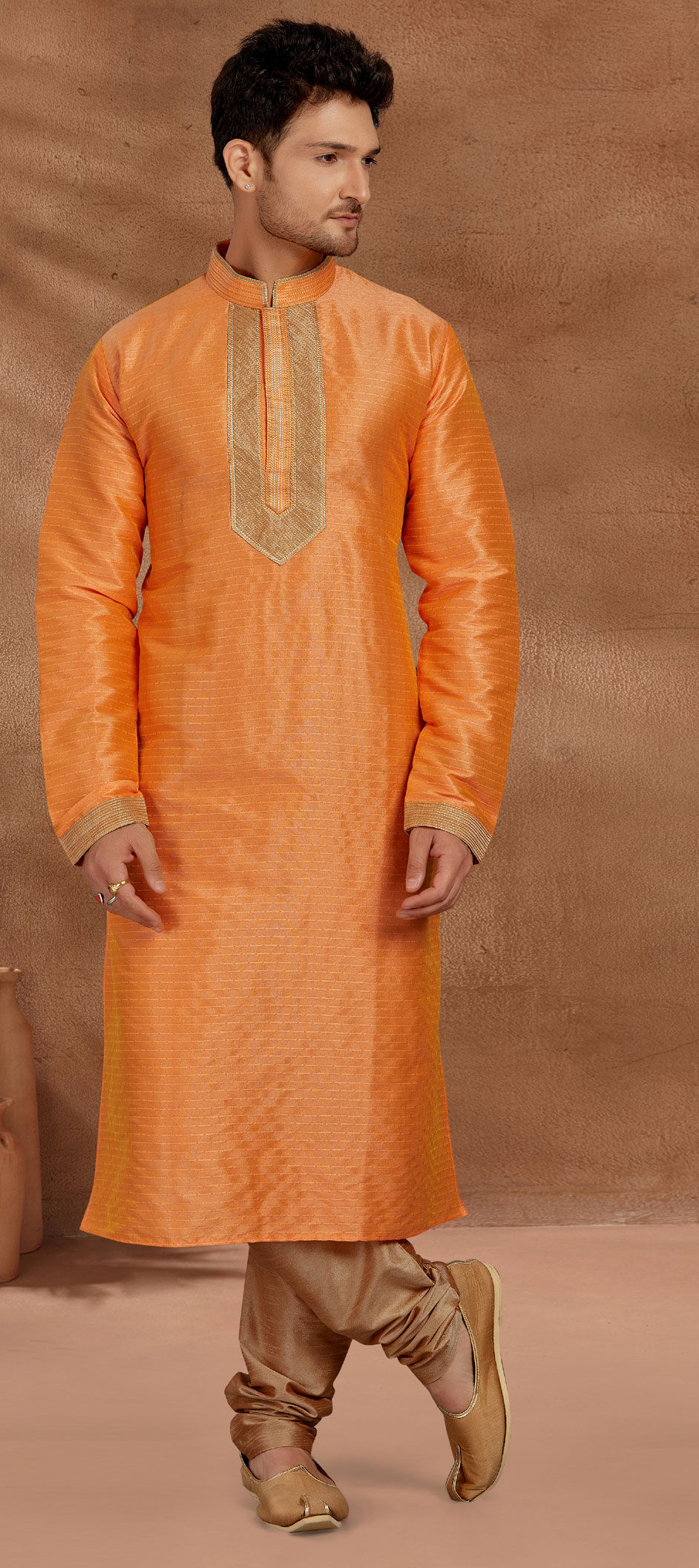 Light Orange Kurta Jacquard Churidar