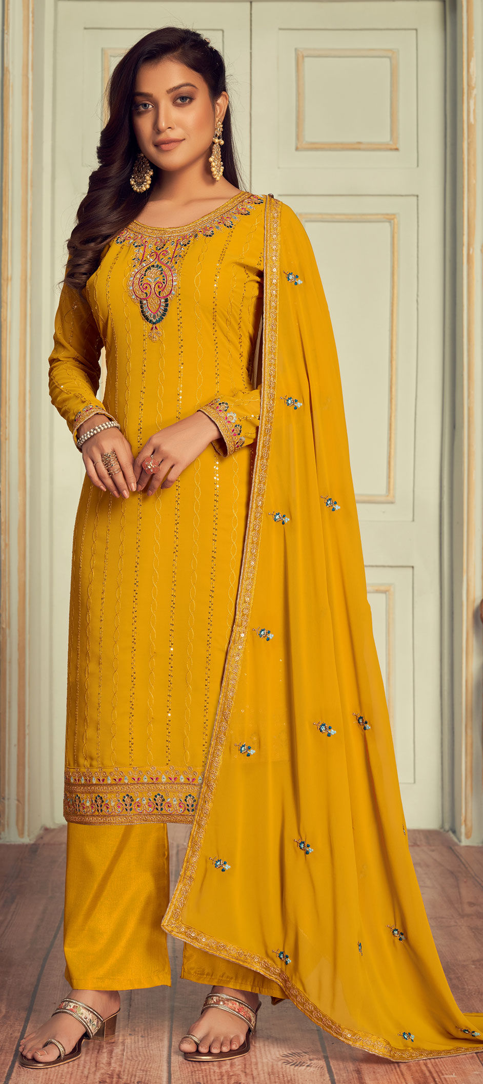 Mustard Yellow Faux Georgette Salwar Kameez Pant