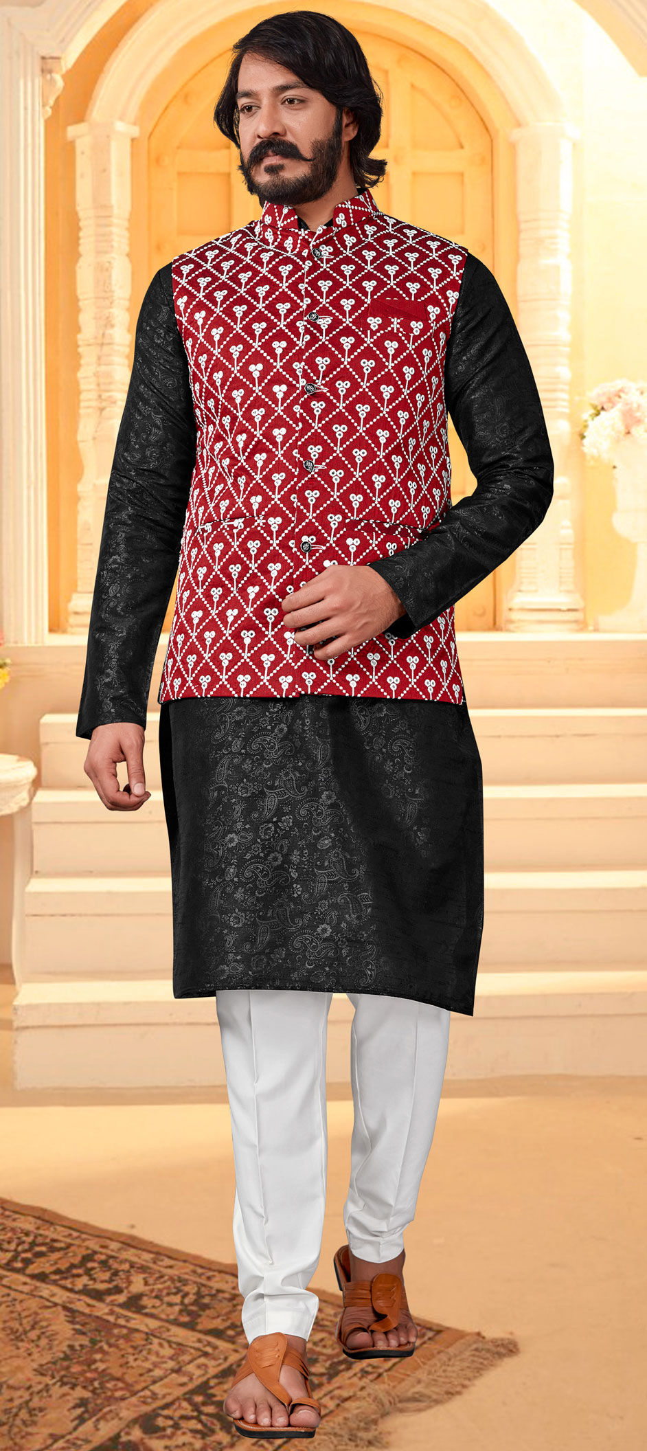 Black and Grey color Art Silk fabric Kurta Pyjama with Jacket 1779403