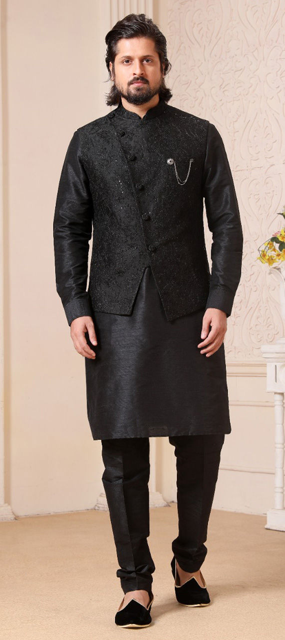 Grey Foil Print Art Silk Kurta Pyjama Set Elegant Ethnic Wear for Men - Buy main image 1