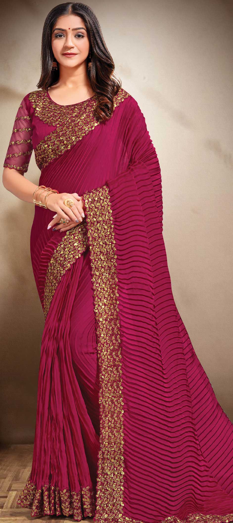 Traditional Pink and Majenta color Satin Silk, Silk fabric Saree : 1782330