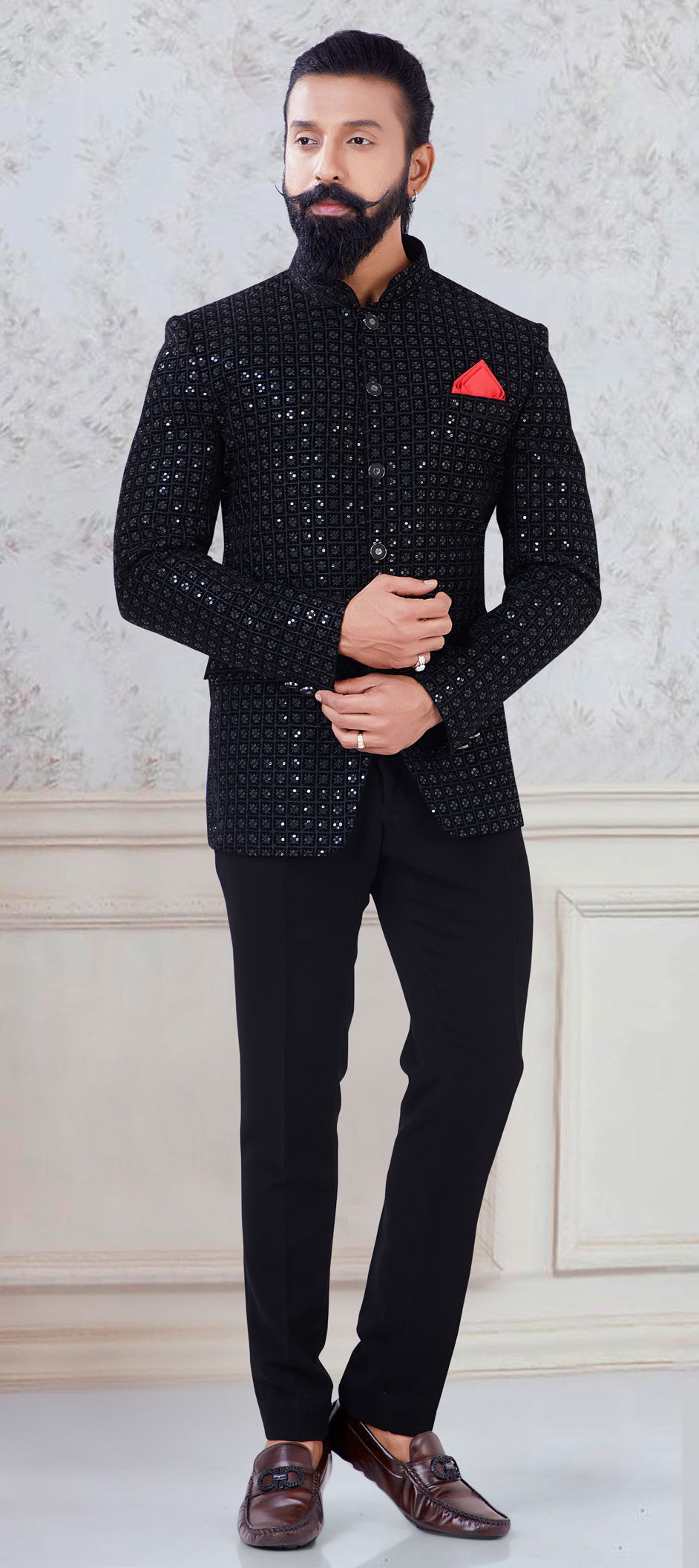 Black and Grey color Velvet fabric Jodhpuri Suit 1793445