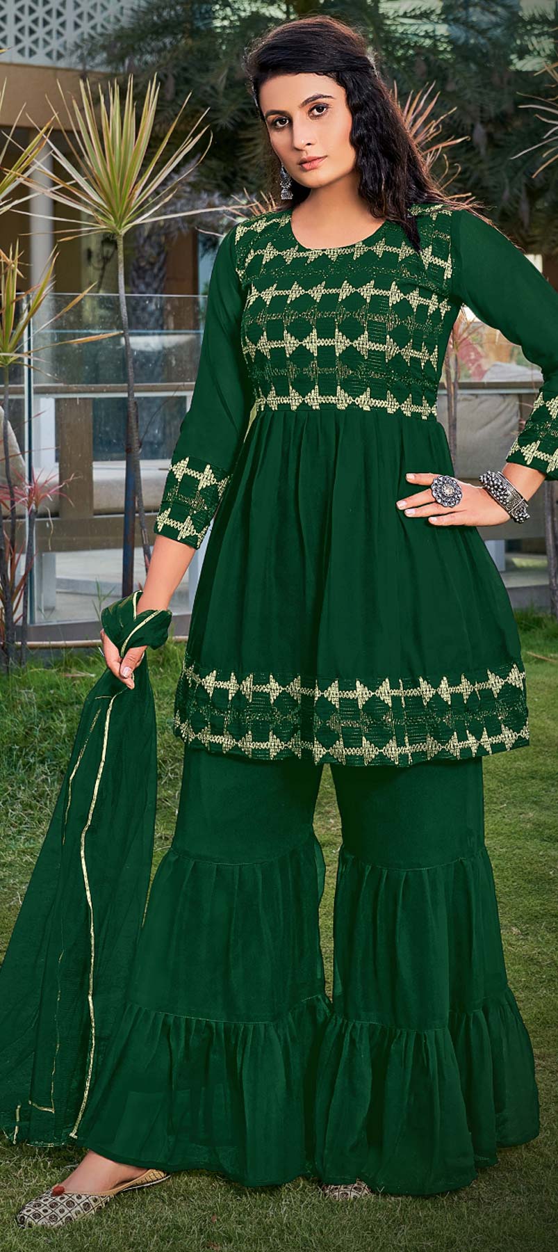 green emerald velvet dress Daytime Affair Aisha Dark Green Sharara Set S / Green / Women main image 0