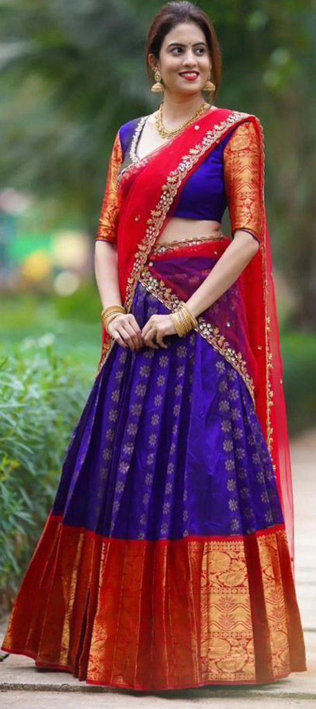 Navy-blue applique silk semi stitched lehenga - Grootinn - 4158028