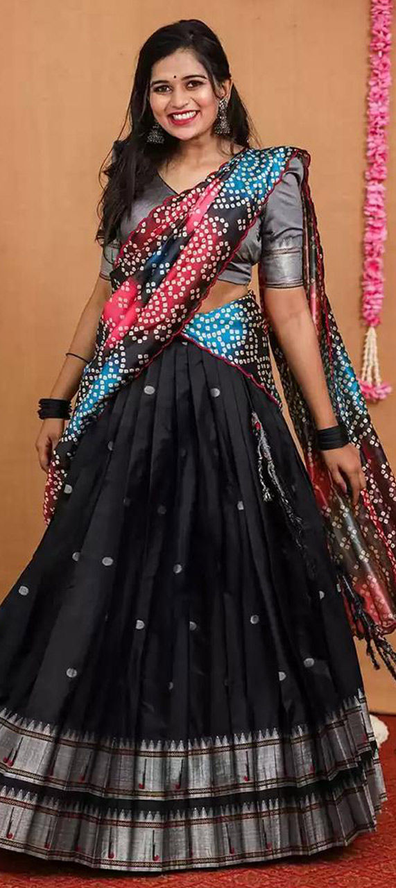 Festive, Party Wear Black and Grey color Silk fabric Lehenga 1798918