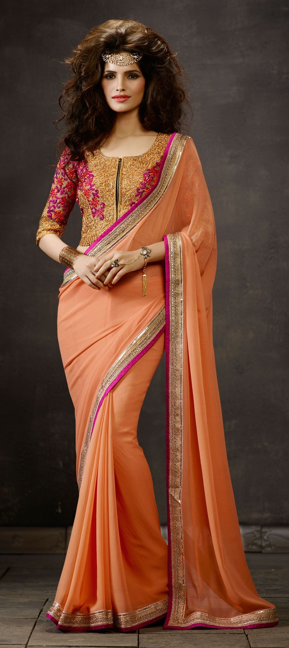 179910 Orange color family Embroidered Sarees,Party Wear Sarees with