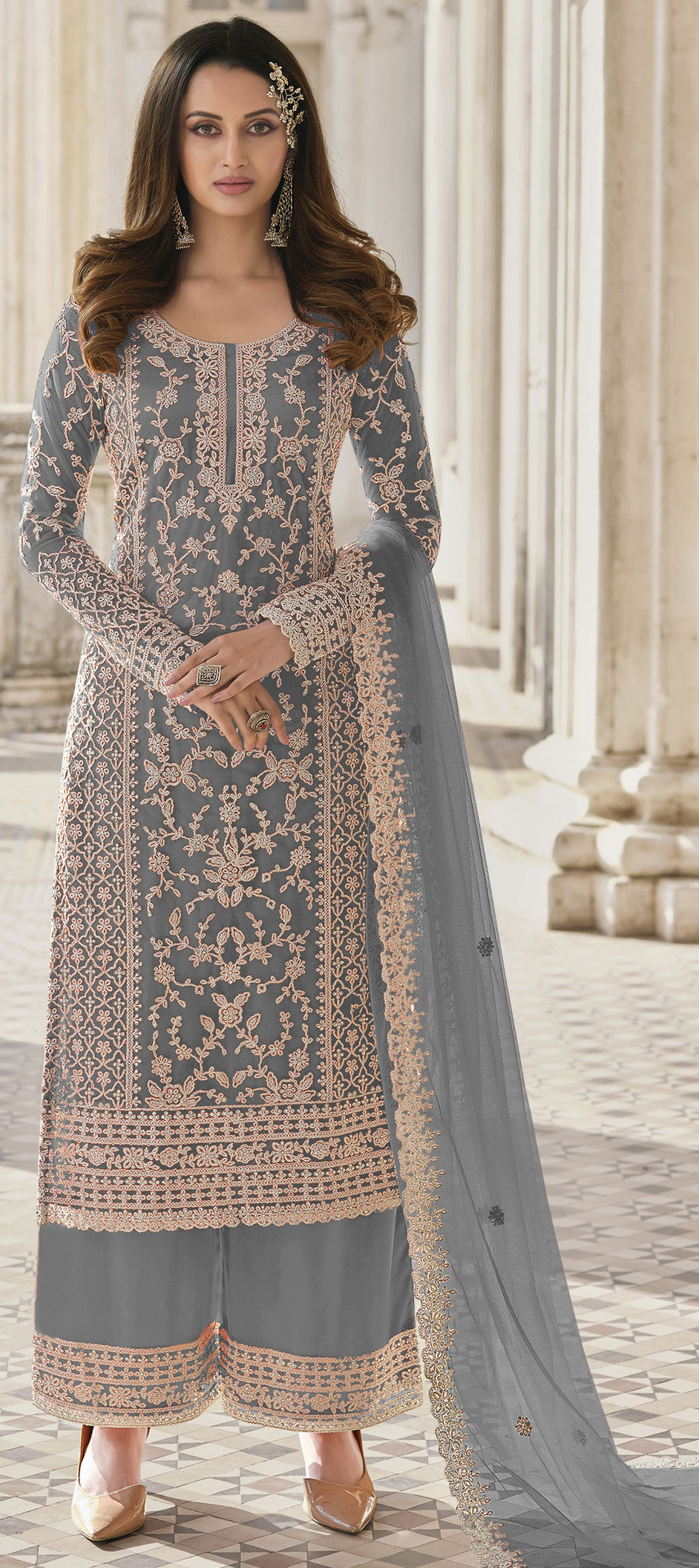 Festive, Party Wear Black and Grey color Net fabric Salwar Kameez 1800575