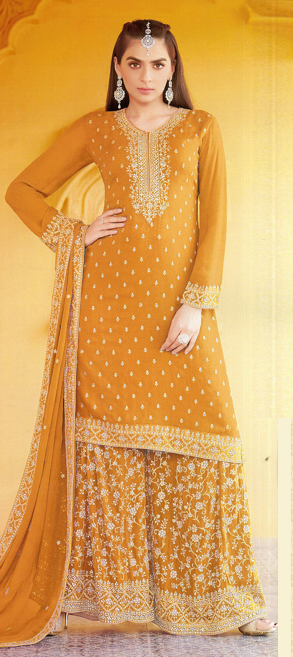 Mustard Yellow Faux Georgette Salwar Kameez Pant main image 0