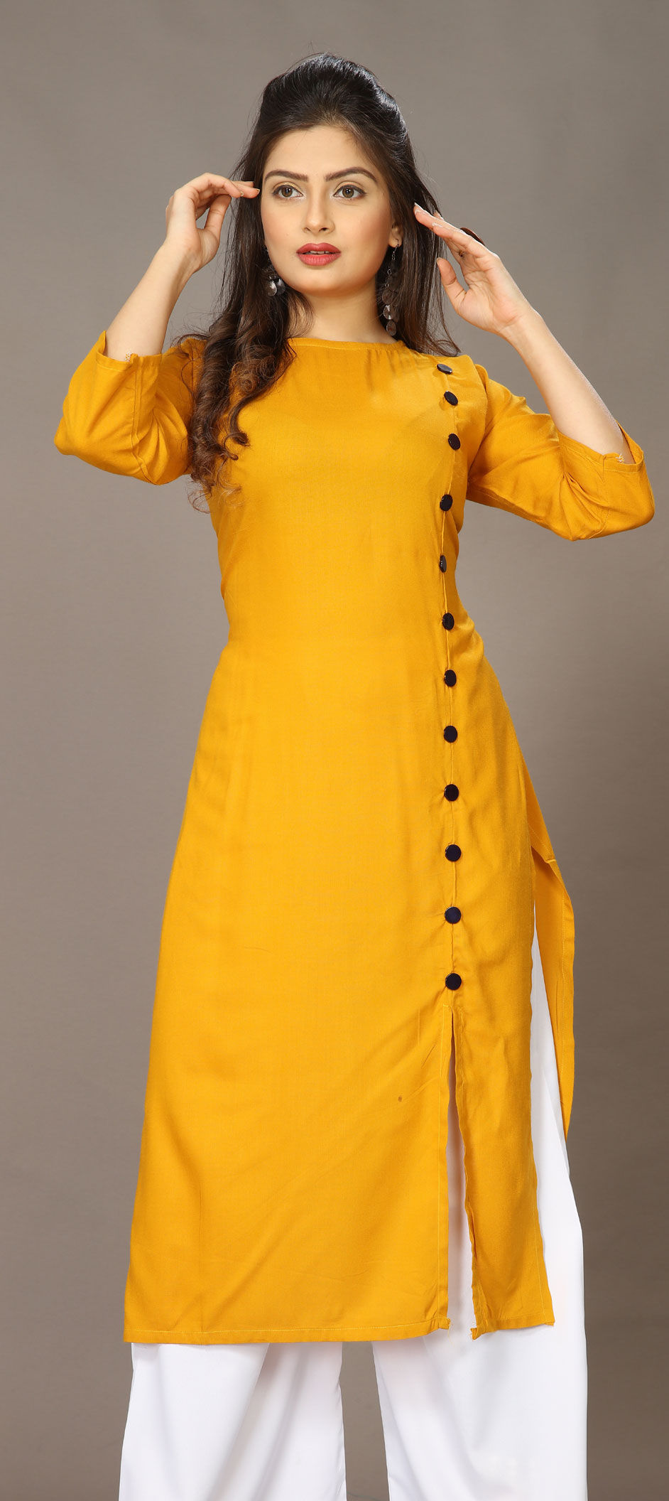 Buy Yellow Embroidery Work Faux Georgette Kurti With Pant Online