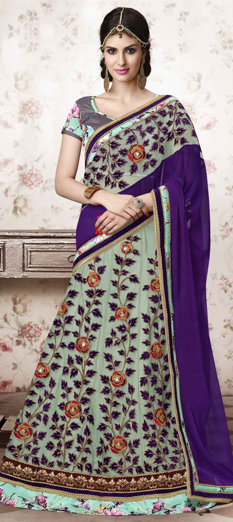 Ready to Wear Saree Lehenga Style in Green main image 1