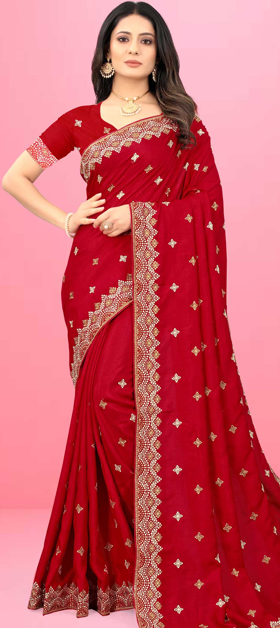 Deep Red and Black Embroidered Dola Silk Saree | Art silk sarees, Silk  sarees, Saree