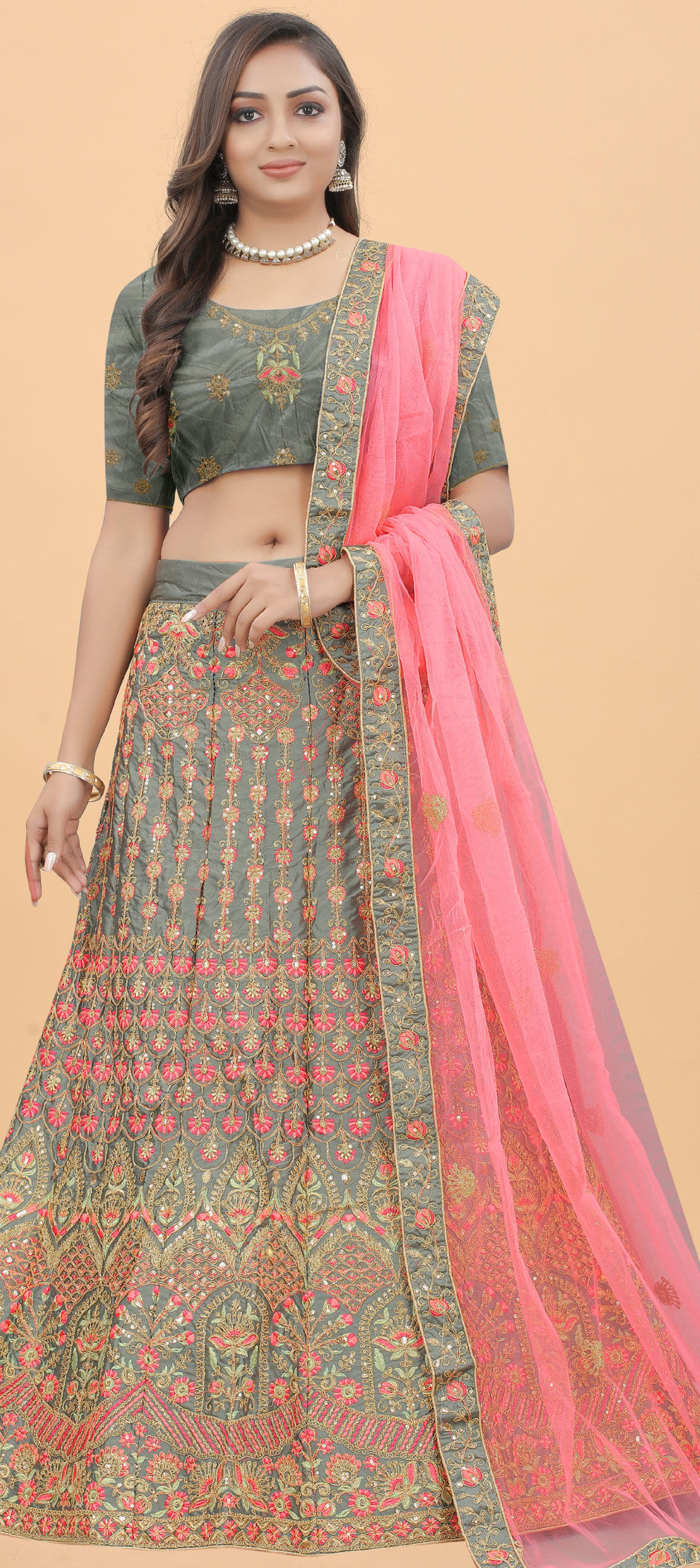 Festive, Reception Black and Grey color Satin Silk fabric Lehenga 1810807