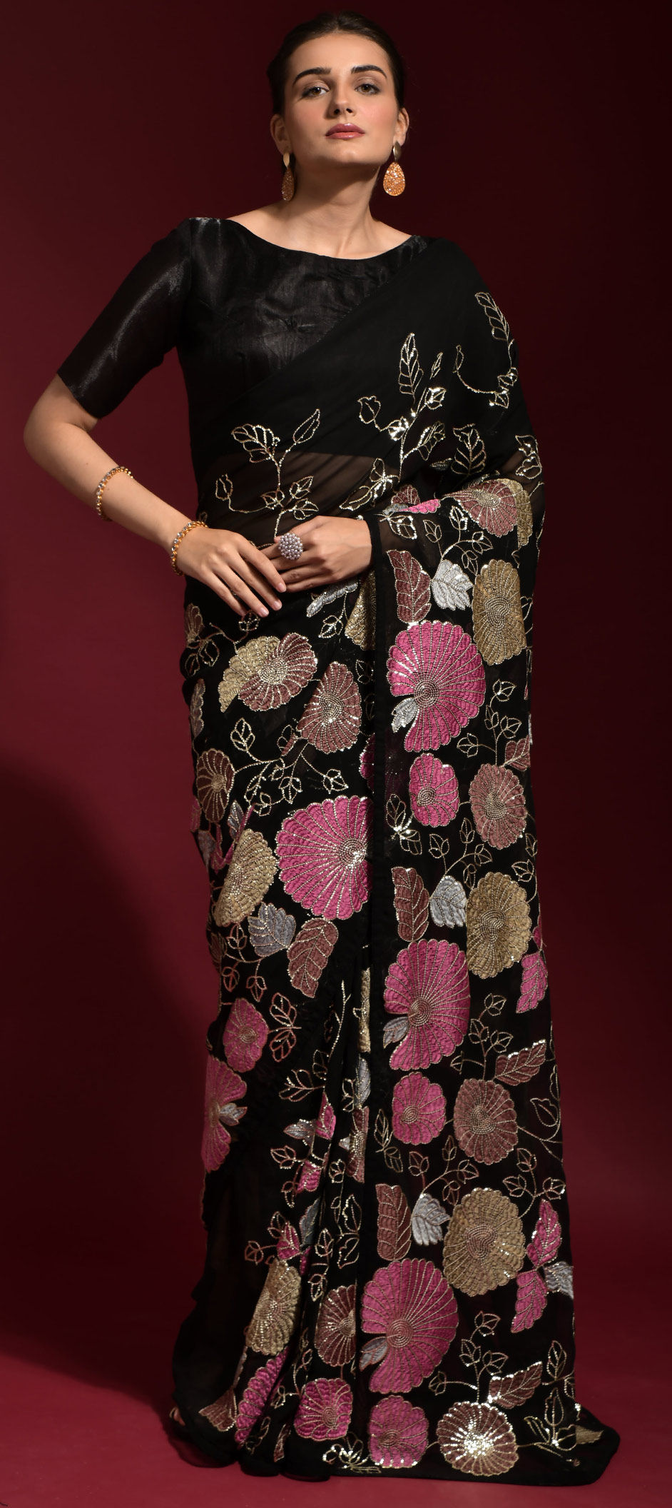 Party Wear Black and Grey color fabric Saree 1810833