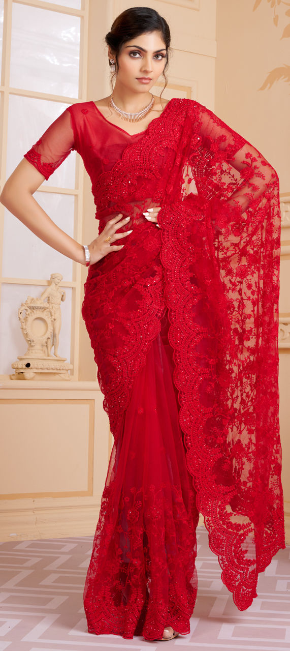 Red Resham Embroidered & Crystal Embellished Reception Net Saree
