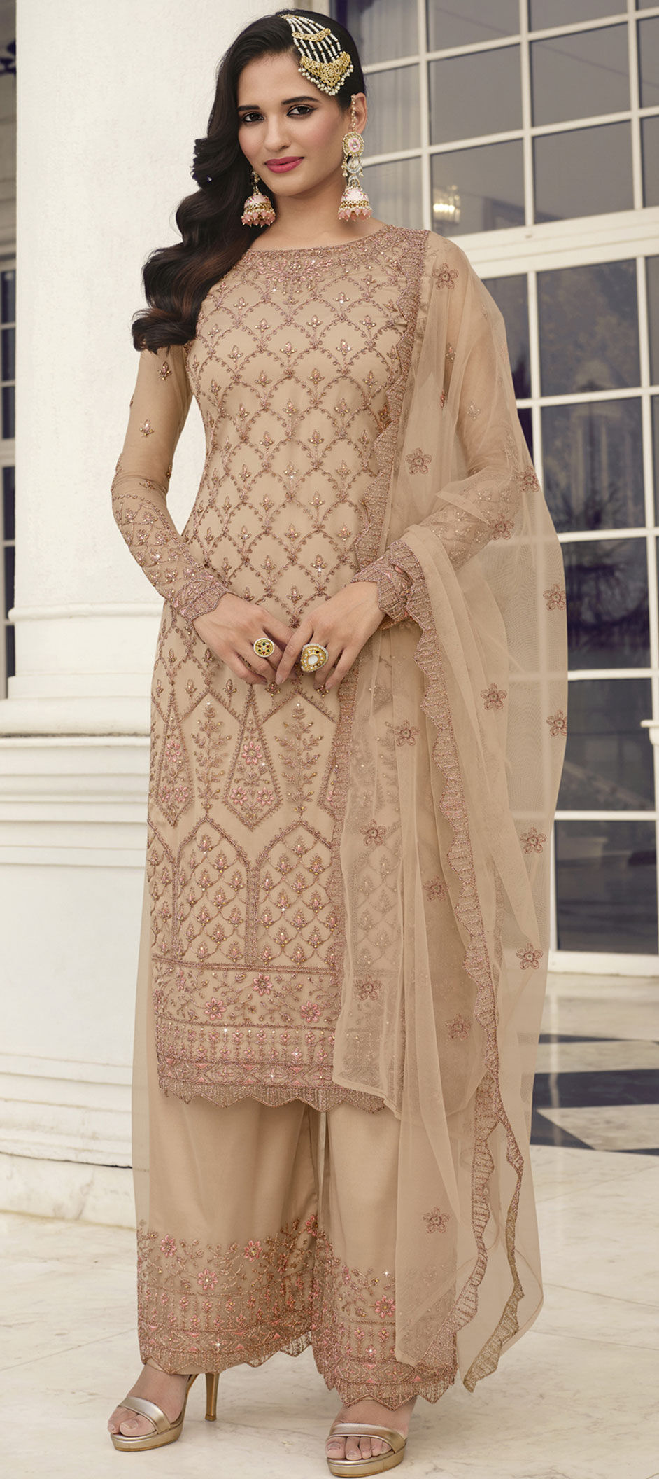Beige Pant style Salwar Kameez Butterfly Net