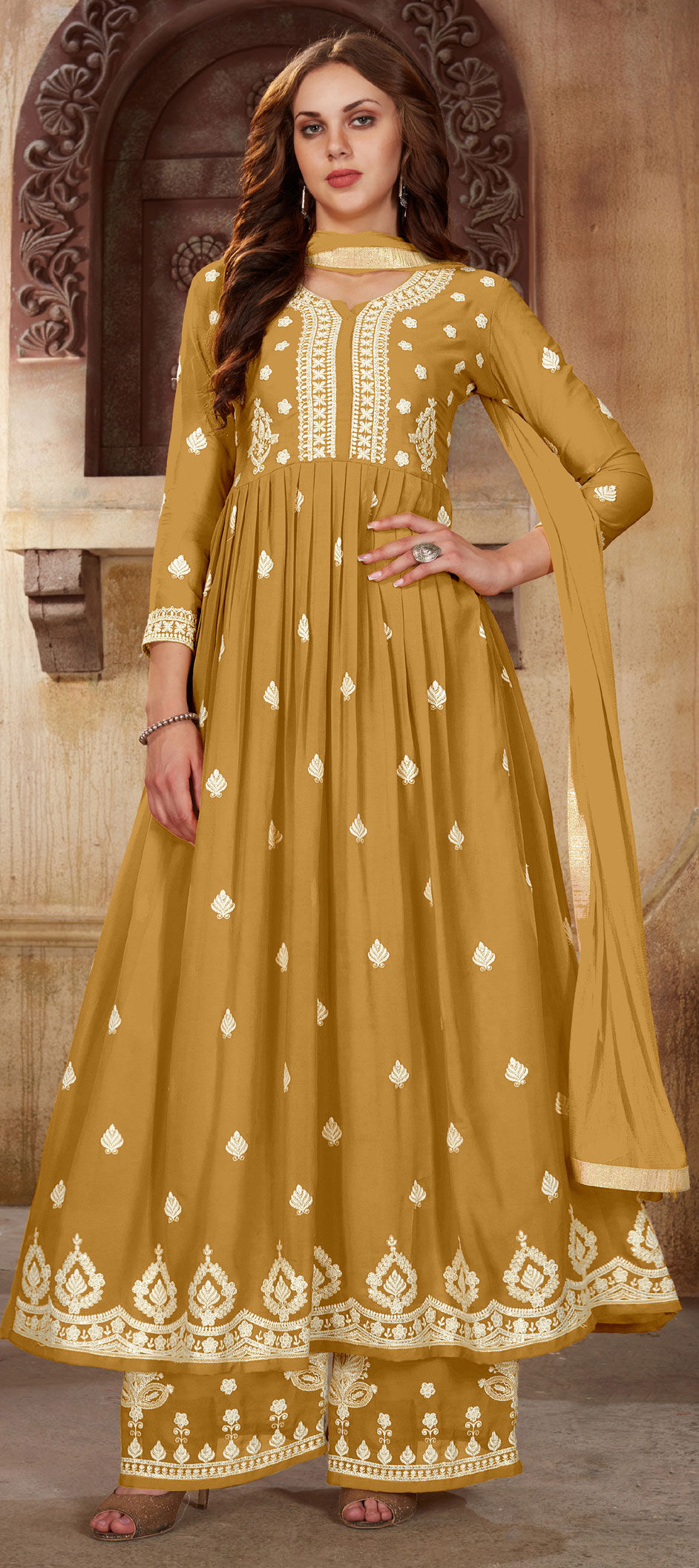 golden color anarkali dress Gold Yellow Pretty Embellished Work Wedding Anarkali Dress