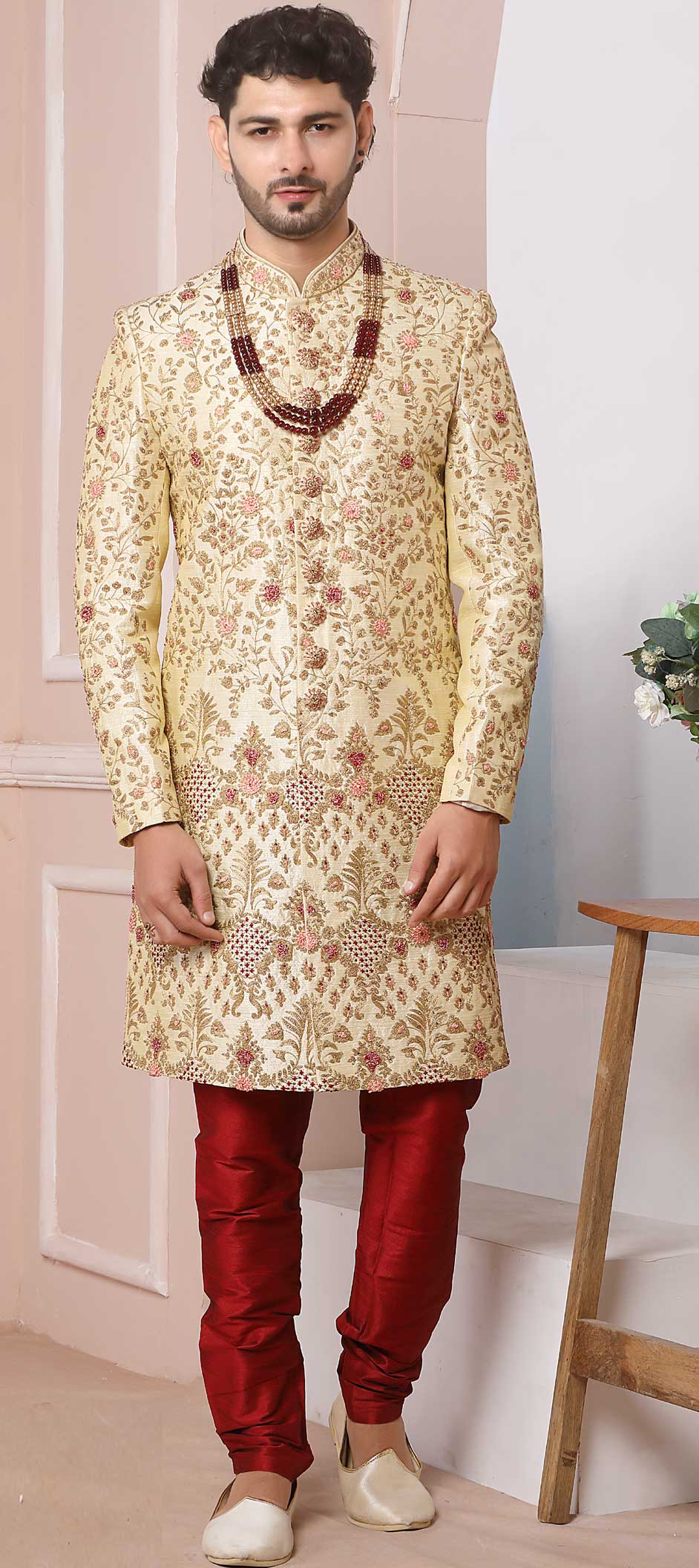 Gold Color Banarasi Silk Fabric Sherwani 1814958 4168