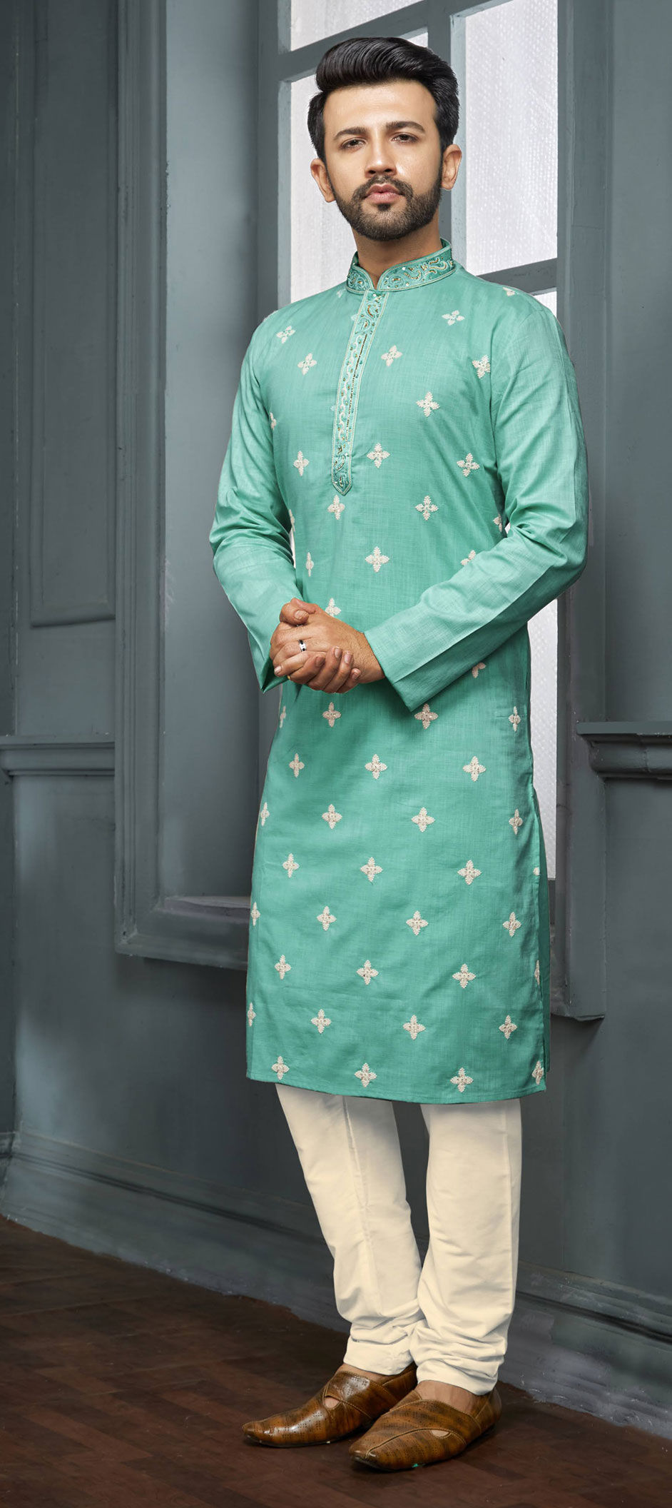 Blue color Cotton fabric Kurta Pyjamas 1817466