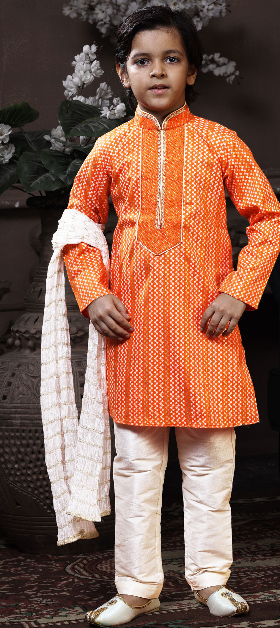 Orange color Cotton fabric Boys Kurta Pyjama 1818532