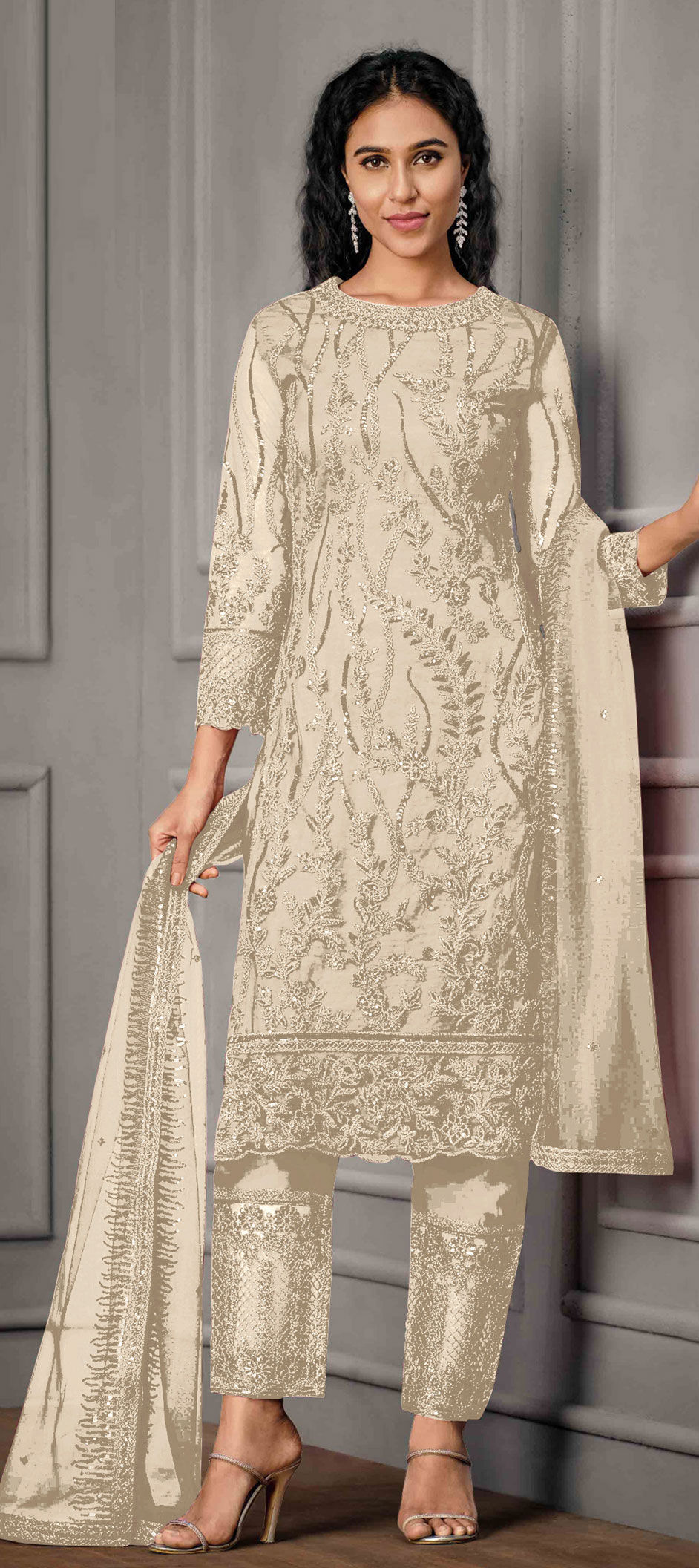 Net Pant Style Suit In Off White Colour - GK2711232