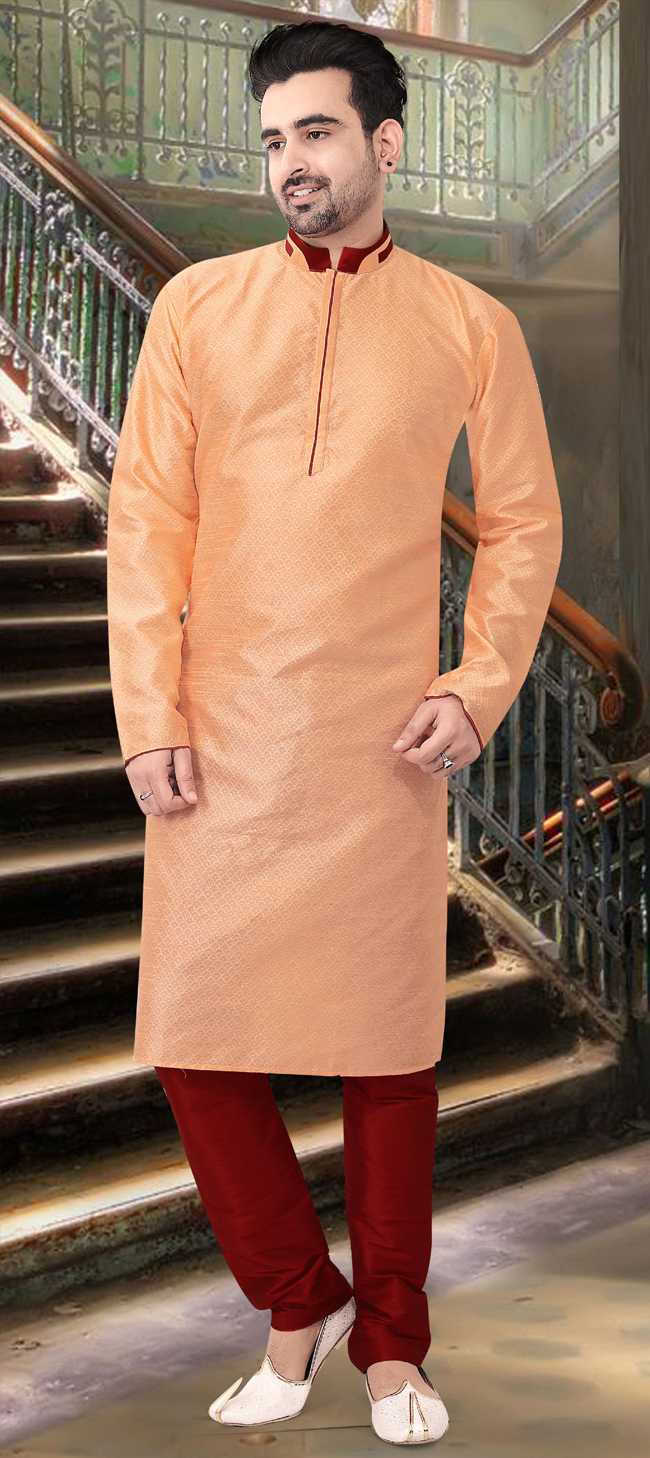 Orange Chandrakor Paithani Silk Frock & Kurta Pajama Combo main image 0