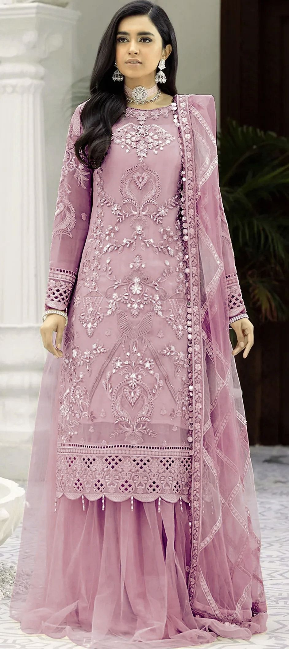 Festive, Party Wear Purple and Violet color Net fabric Long