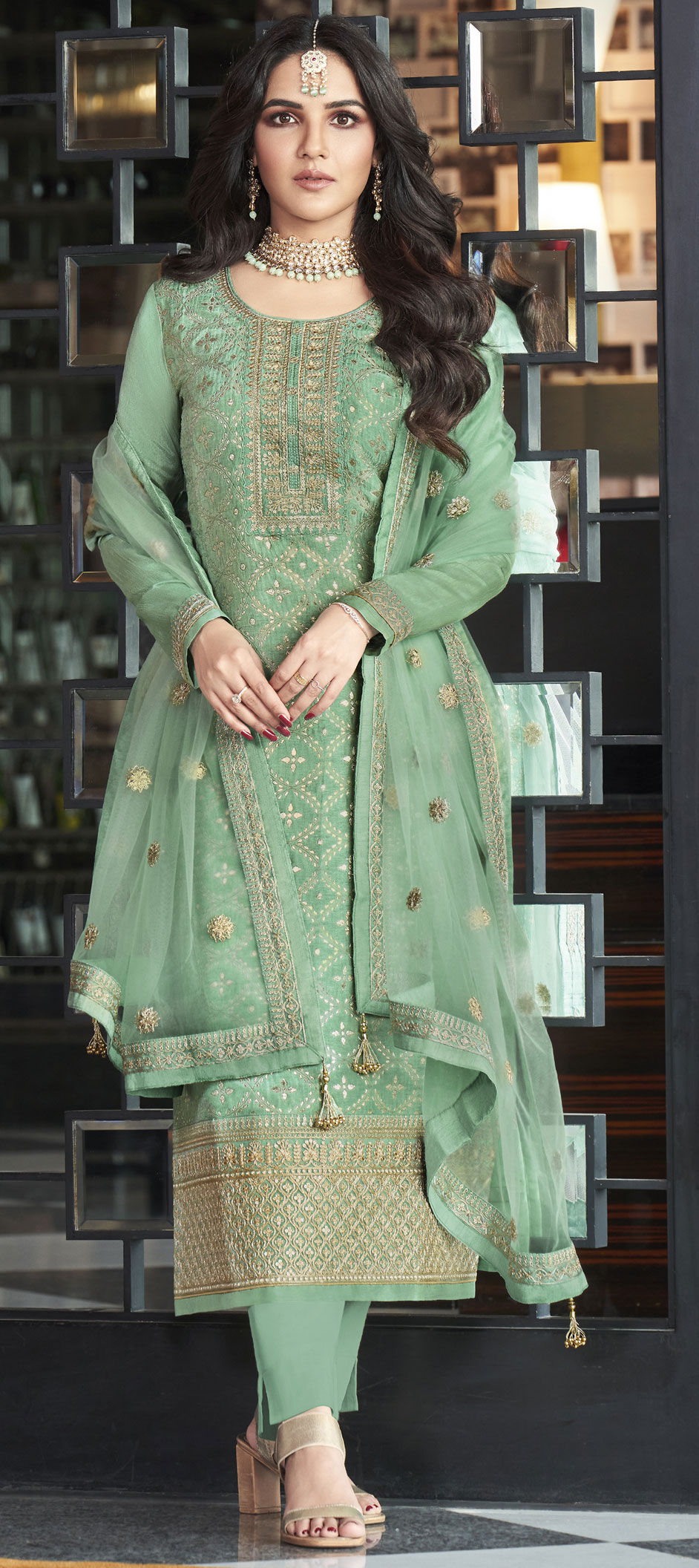 Bollywood Green Color Jacquard Fabric Salwar Kameez 1823440 