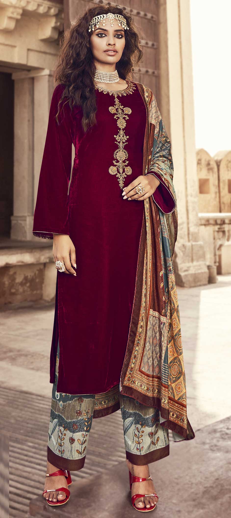 Festive, Party Wear Red and Maroon color Net fabric Salwar Kameez : 1858447