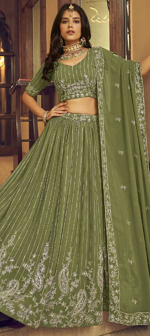 Olive Green Sharmily Mirror Lehenga Set - Priti Sahni - East Boutique