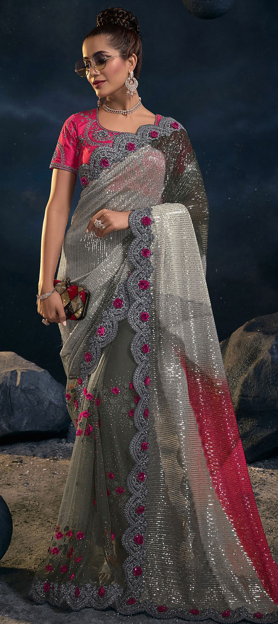 Bridal, Wedding Black and Grey color Lycra fabric Saree 1824024