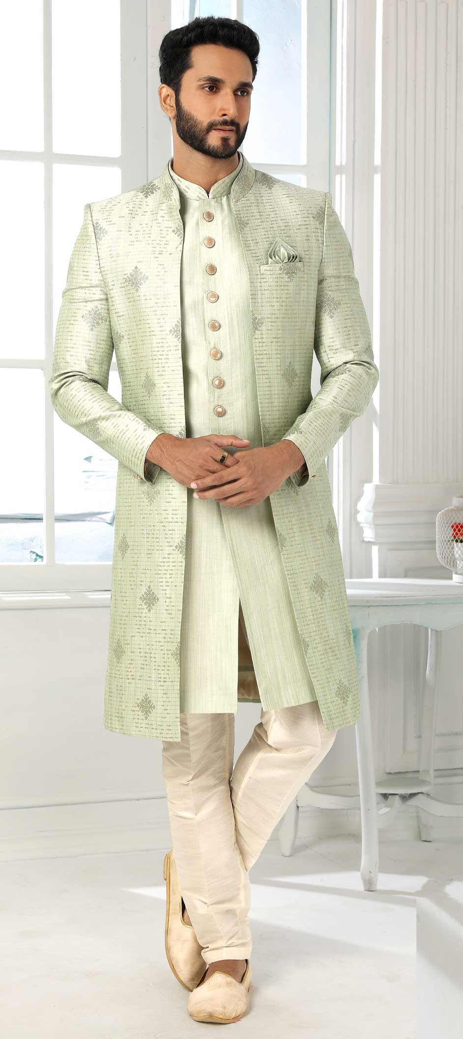 PEAR GREEN INDO WESTERN IN SILK