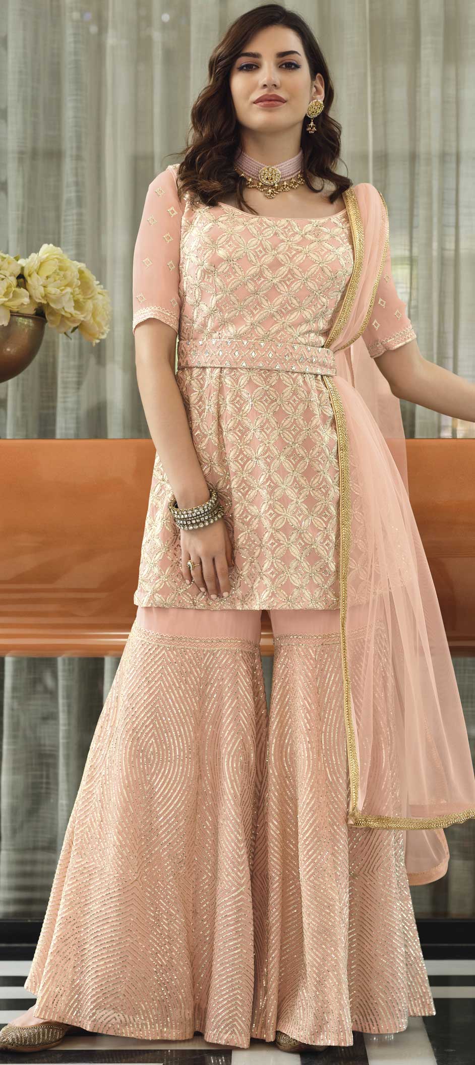 Exclusive Pink Beige Maheshwari Silk Salwar Kameez Dress Material MB07 main image 0