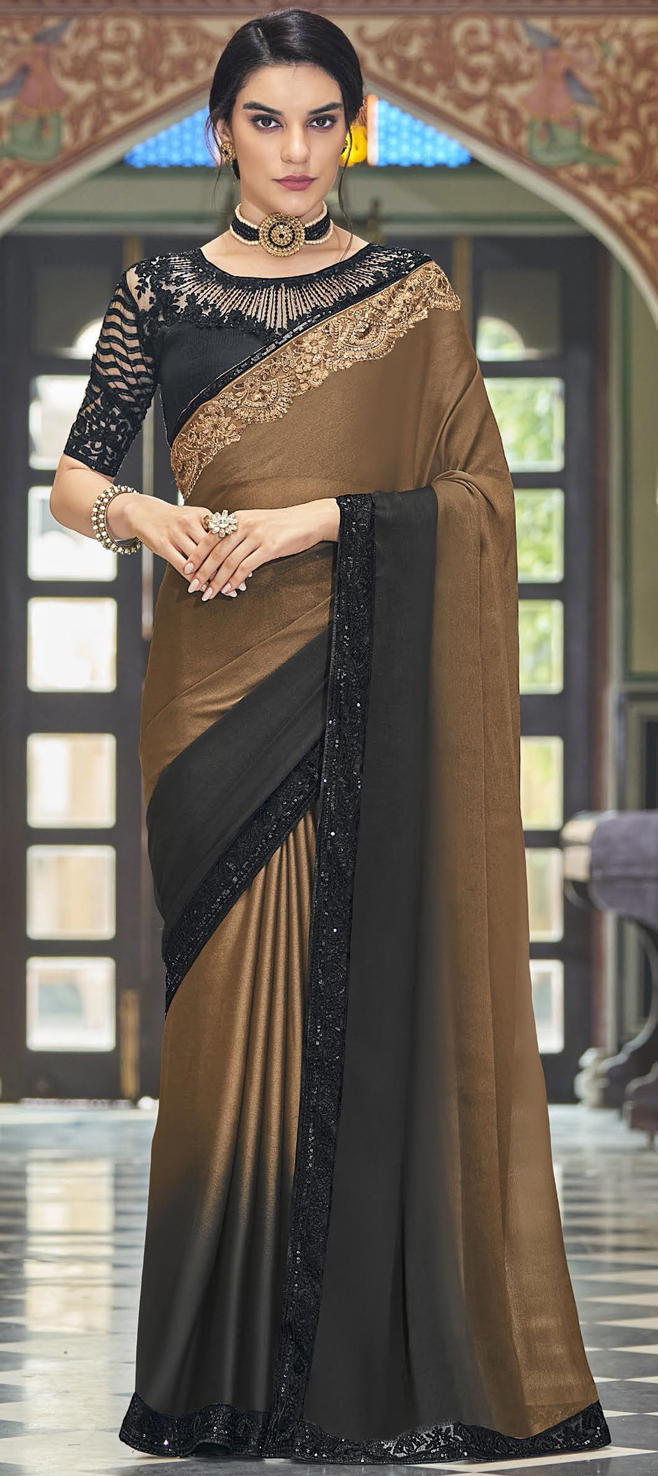 Brown Color Organza Swarovski Work Traditional Party Wear Saree -4567155551  | Heenastyle