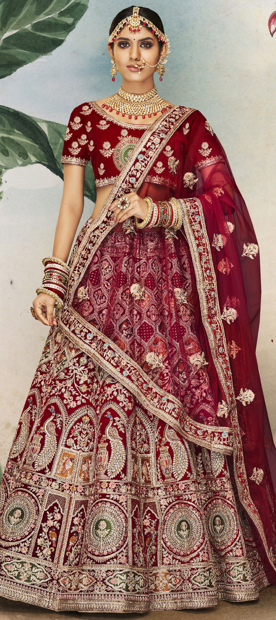 Bridal, Wedding Red and Maroon color Velvet fabric Lehenga 1824732