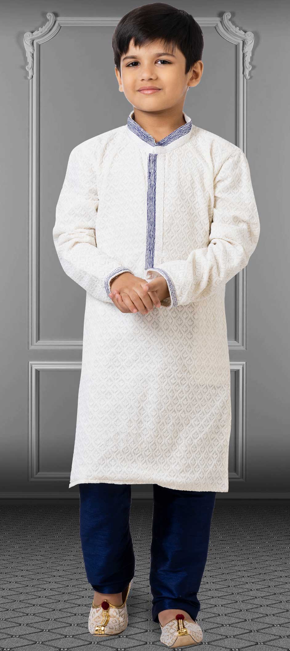 White and Off White color Georgette fabric Boys Kurta Pyjama : 1824753