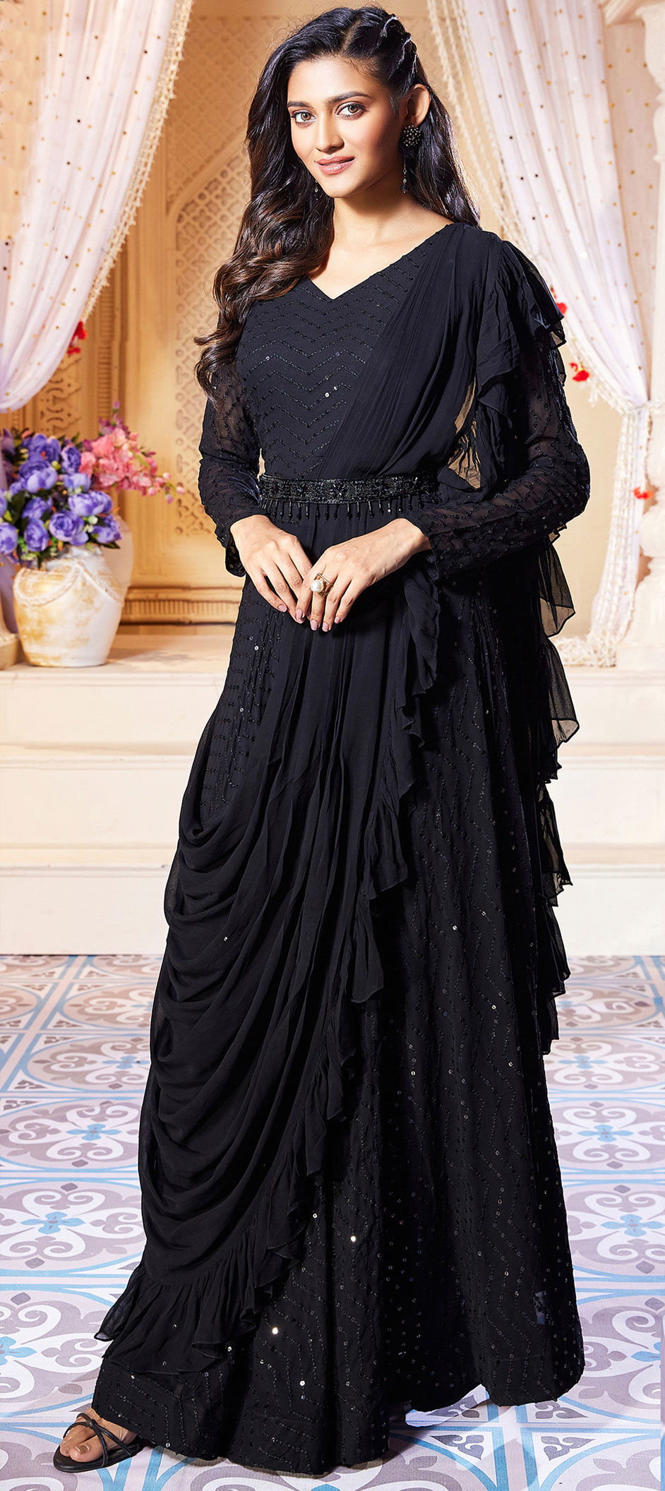 Festive, Party Wear Black and Grey color Georgette fabric Gown