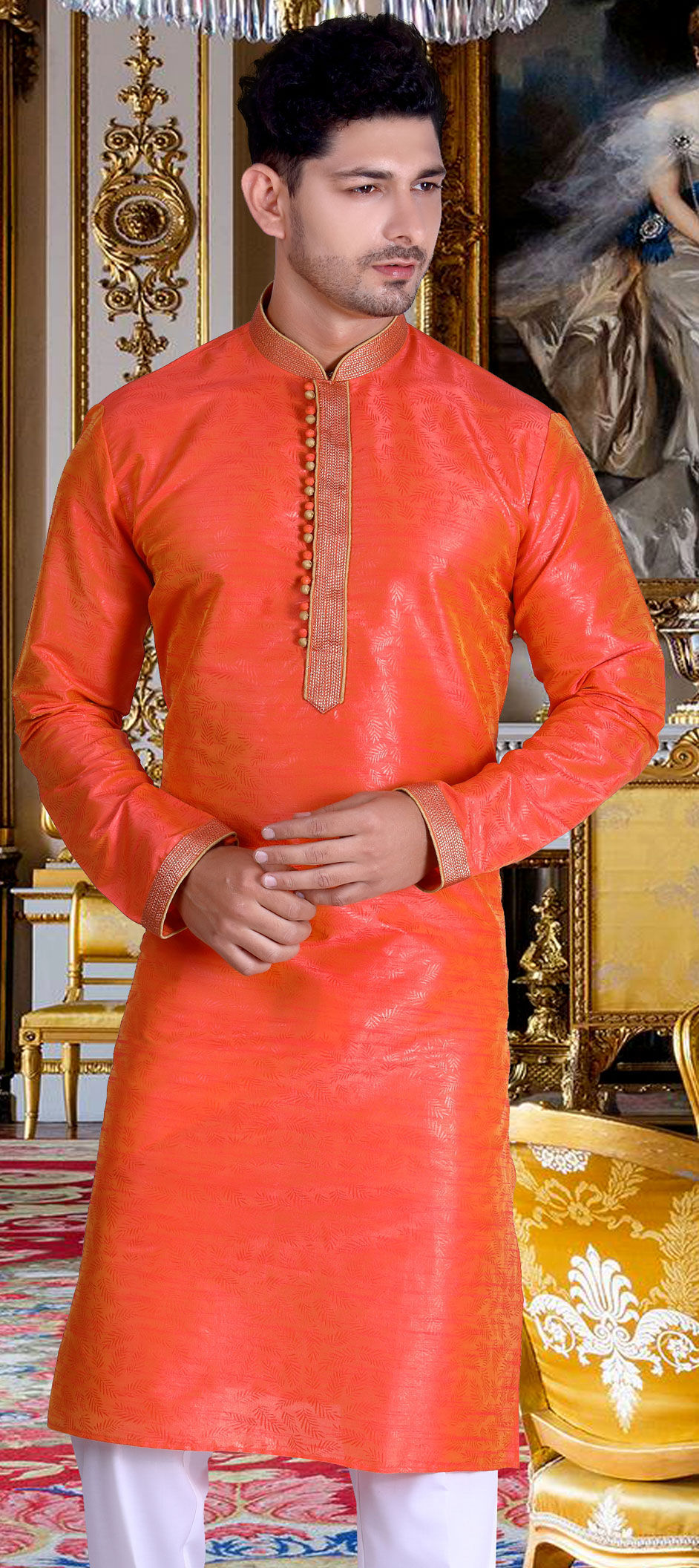 Orange color Cotton fabric Kurta 1826027