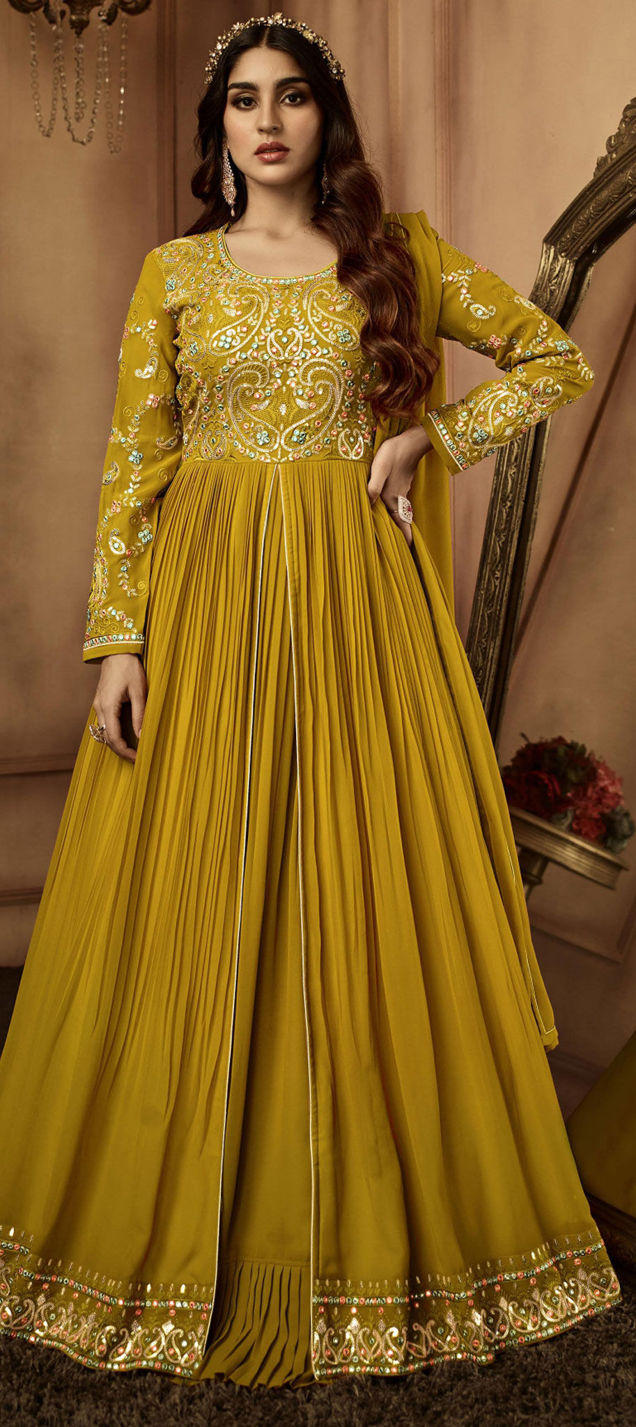 Mehendi Georgette Embroidered Readymade Gown Collection Embroidery Work Details For Gown