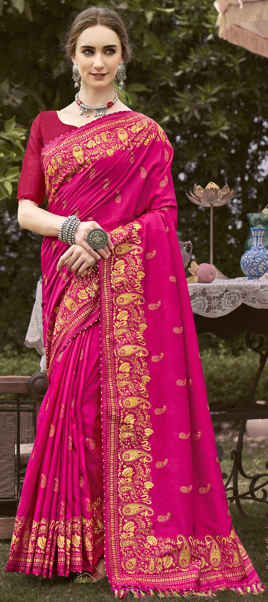 Rani Pink & Pink Banarasi Silk Blend Saree Jacquard Woven Work Wedding Saree  Designer Saree Jacquard Silk Saree With Blouse Piece - Etsy