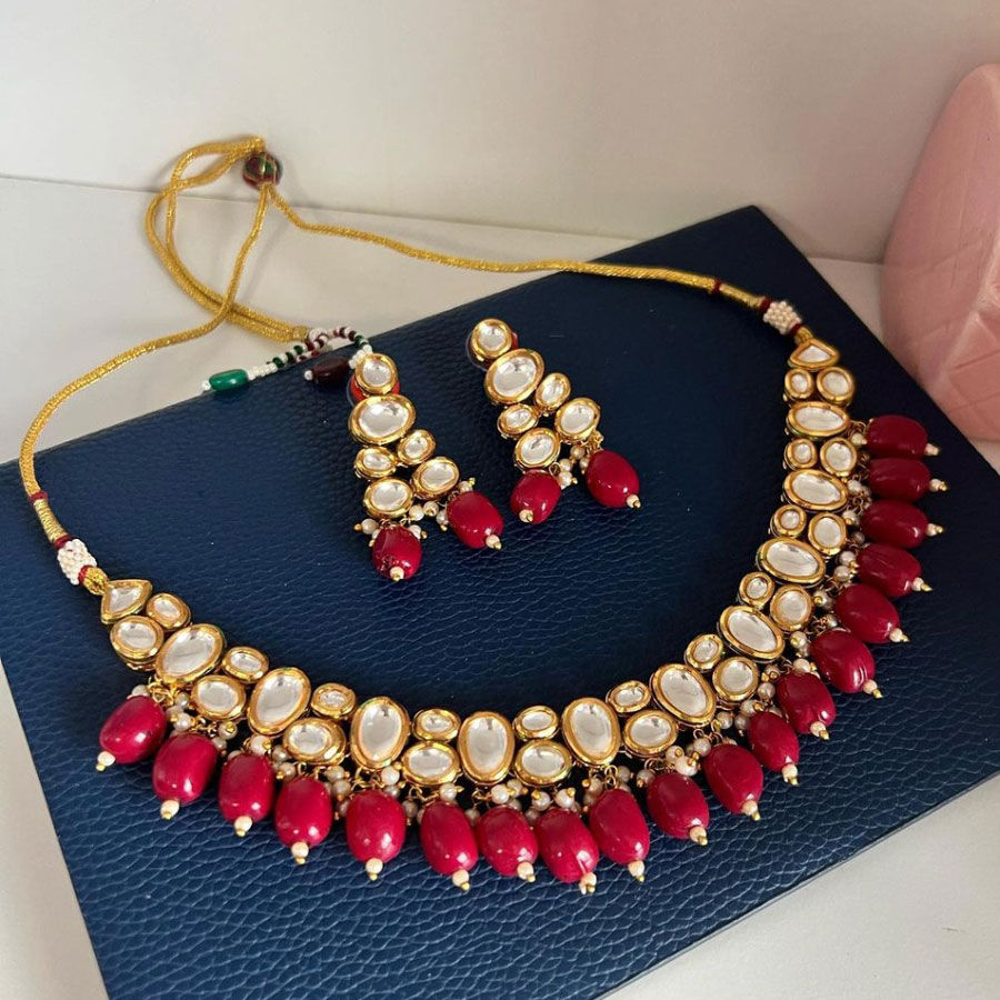 Red and Maroon color Brass metal Necklace 1828888