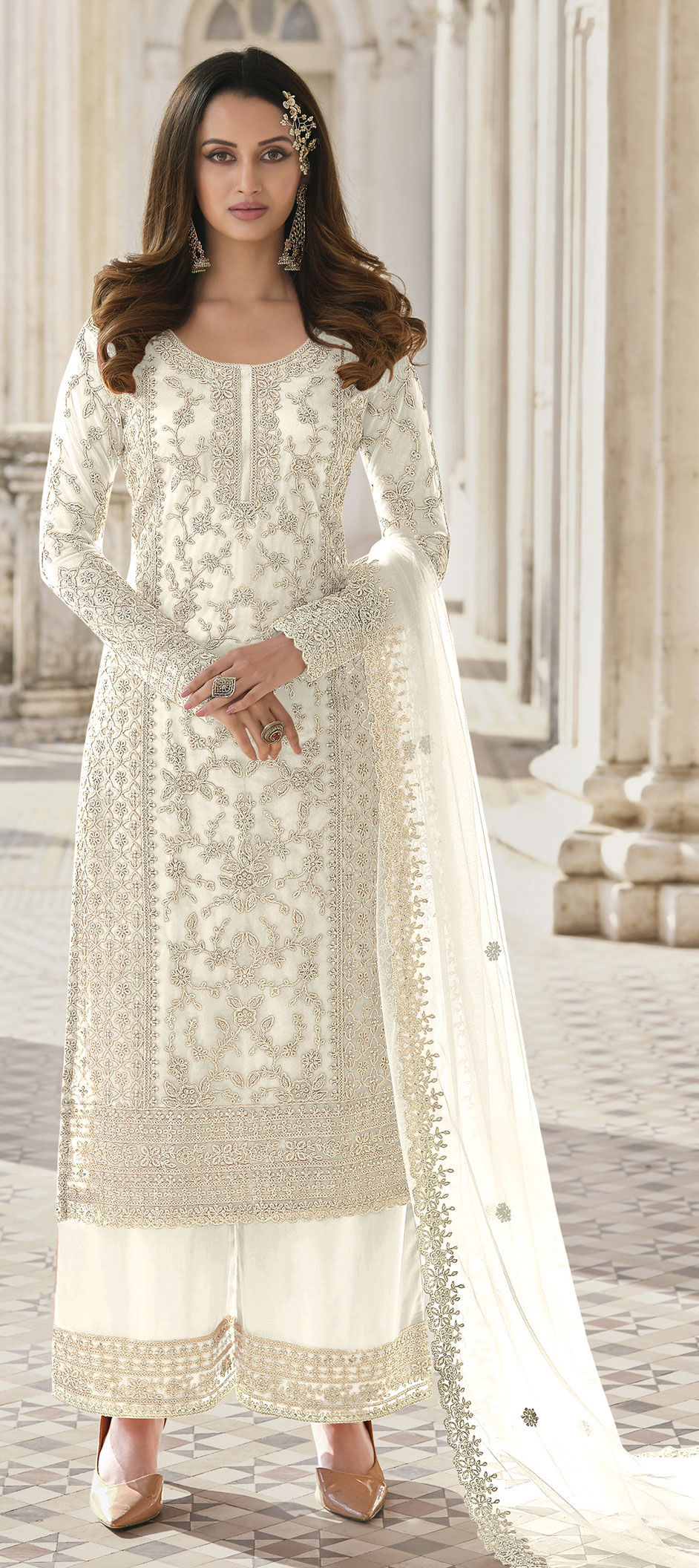 off white pakistani party dresses Original Azure 3pc Embroidered Chiffon White Pakistani Dress - LARGE