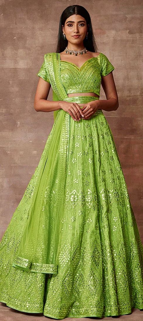 Organza Silk Engagement Lehenga in Green with Mirror Work Indian Dresses