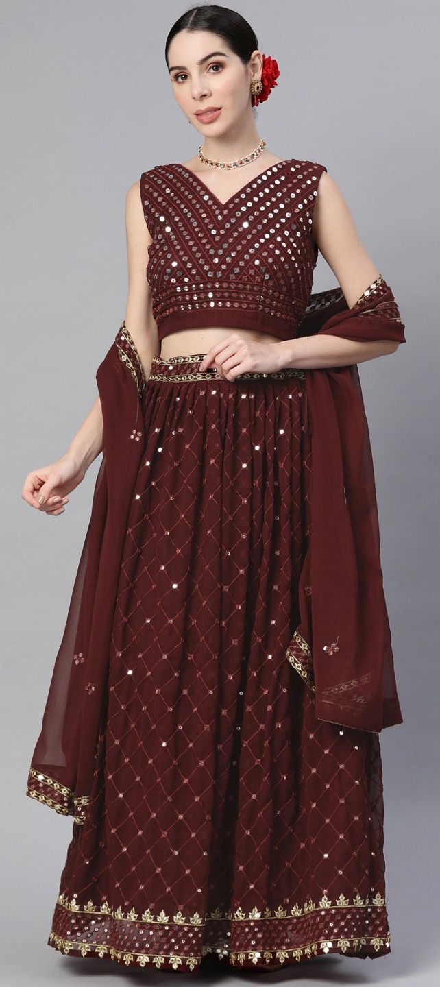 Mehendi Sangeet Red and Maroon color Faux Georgette fabric Lehenga ...