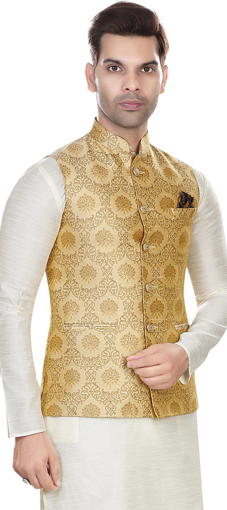 Men’s Teal Blue & Beige Woven Design Jacquard Nehru Jacket – Traditional Elegance
